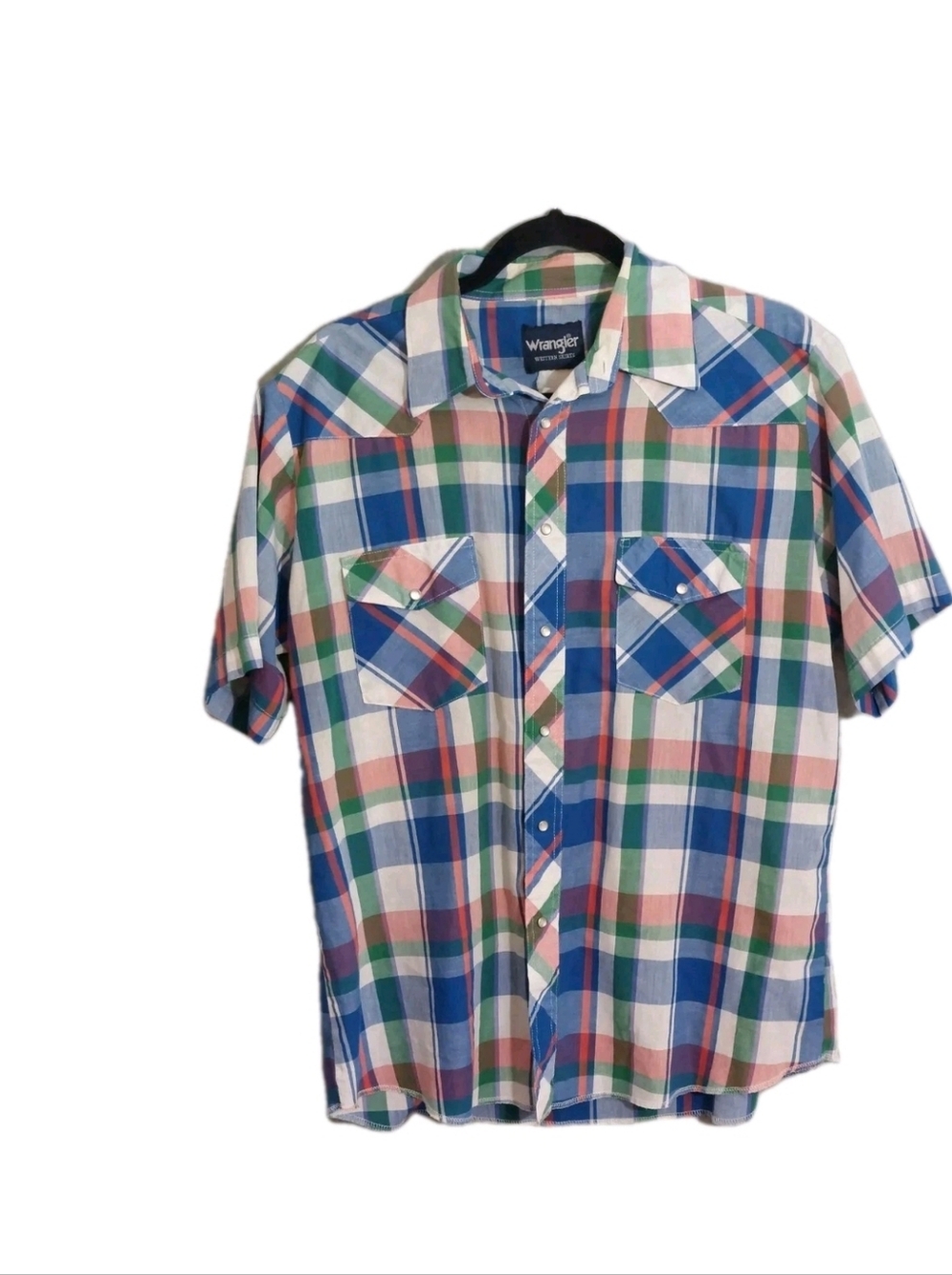 Vintage Wrangler Plaid Short Slve Xl / 2x 50 X 29 Blue Green Peach western pearl